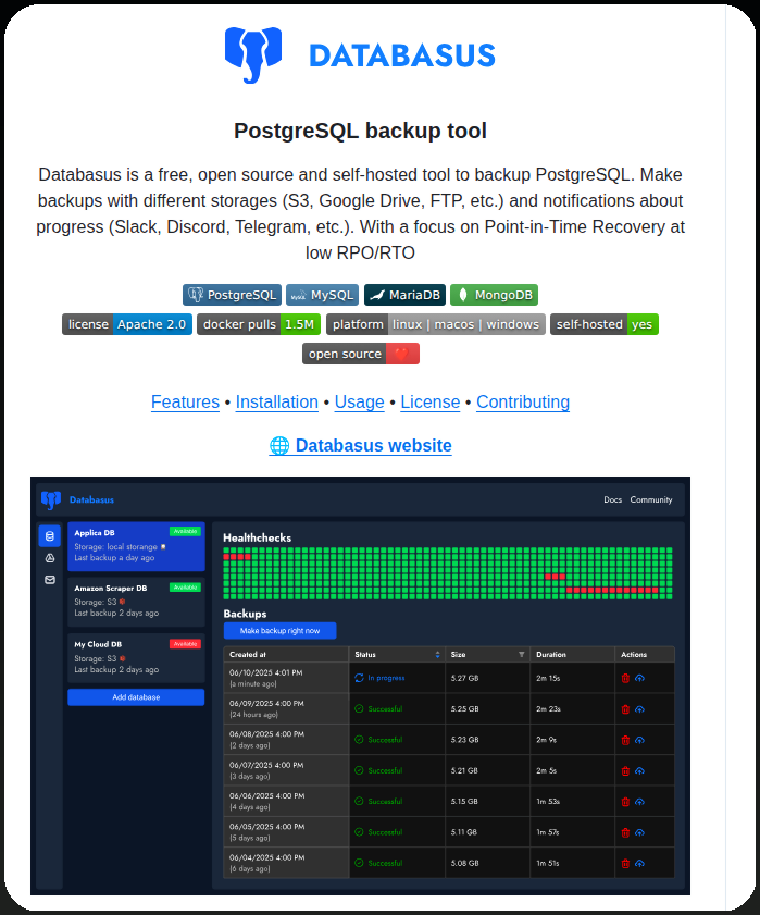 tom_doerr's tweet photo. Backs up your PostgreSQL databases to S3, Google Drive, or FTP

https://t.co/AzFHR5Djt6 https://t.co/bexd4LZt1d
