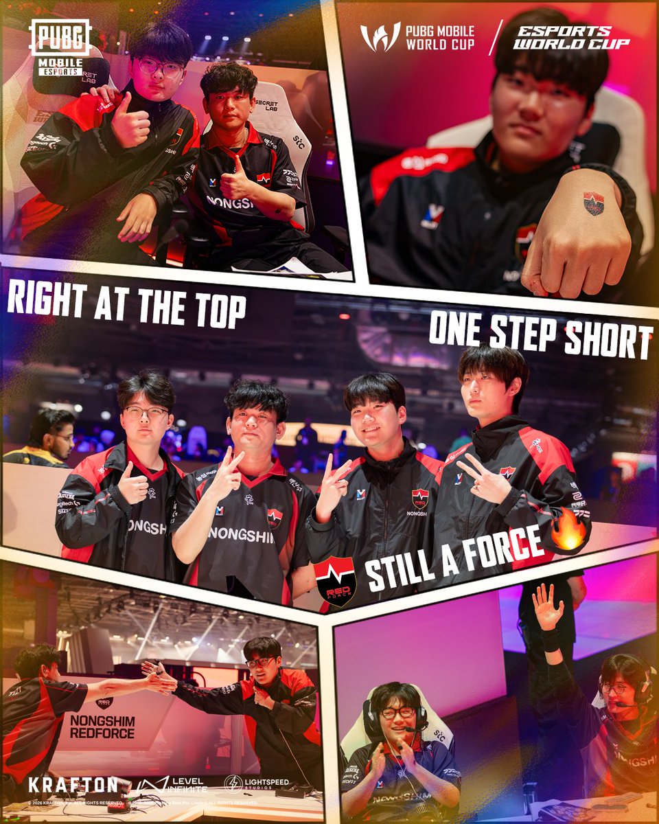 EsportsPUBGM's tweet photo. Nongshim Redforce came within reach. 🔥
One step away from the crown, but never out of the fight. ✨
🎮 Download now: https://t.co/ysOOLzzE4c
#PUBGMOBILE #PUBGMESPORTS #PMWC #PMWC2026 #EWC https://t.co/WAnnqzt7hc