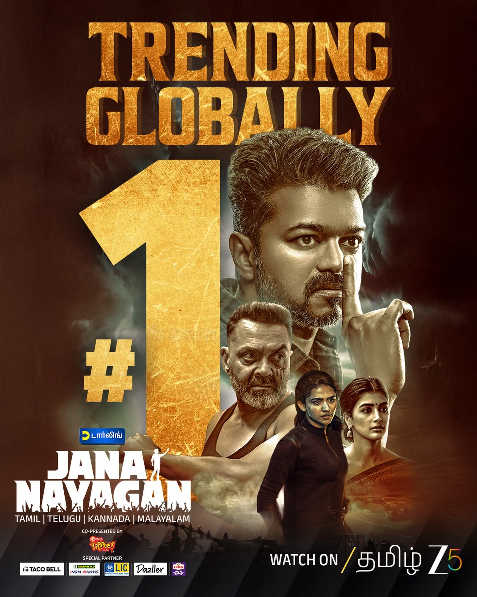 ZEE5Tamil's tweet photo. Namma Thalapathy’s final roar is trending worldwide! 🔥

#Jananayagan is streaming now on Zee 5!🔥

@actorvijay @TheKVNofficial @KvnProductions #HVinoth @hegdepooja @anirudhofficial @thedeol @_mamithabaiju @Jagadishbliss @LohithNK01 @RamVJ2412 @TSeries

#JananayaganOnZee5 #ThalapathyVijay #CMVijay #TamilZee5
