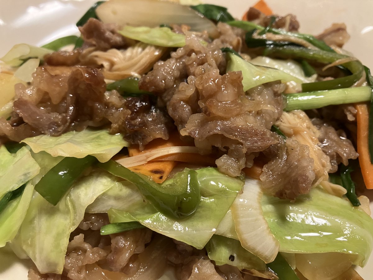 RPingna61's tweet photo. 牛肉・ピーマン・えのき・人参・玉ねぎ・キャベツ・ニラで炒め物作りました

野菜の食感とピーマン・ニラの香り。

オイスターソースとごま油の旨味がうまいこと混ざり合って美味しかったです😋
(自画自賛)

#野菜と牛肉の炒め物 https://t.co/LHoXvE0hAf