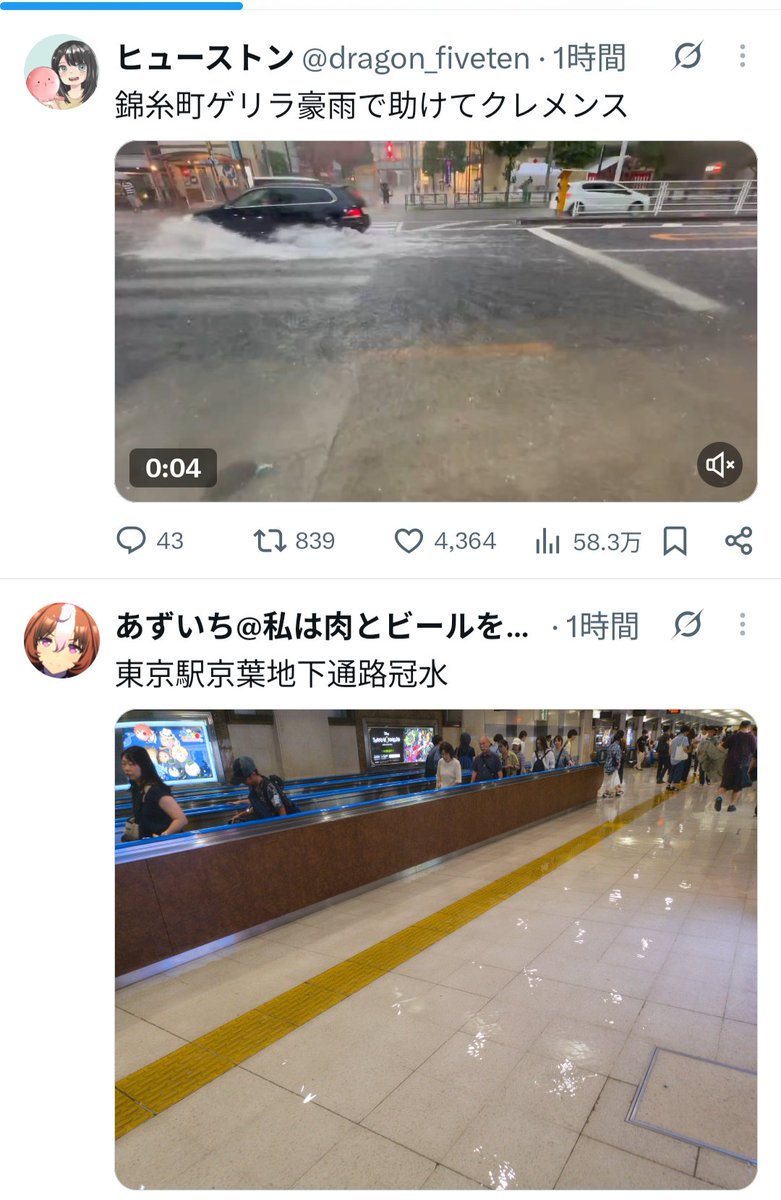 arusu752's tweet photo. アンチ維新の人達は
大阪で冠水すると維新のせいだ！と叫ぶが…
今日、東京各地で道路冠水がX内で溢れてるのを見ると
一度に大雨降ると、都構想とか維新関係なく都市部は排水能力超えて冠水しちゃうんだよな…

東京の人は「冠水は百合子ガー！」とは言わない分、アンチ維新の大阪人より冷静だね https://t.co/zI3ZYsqJVz