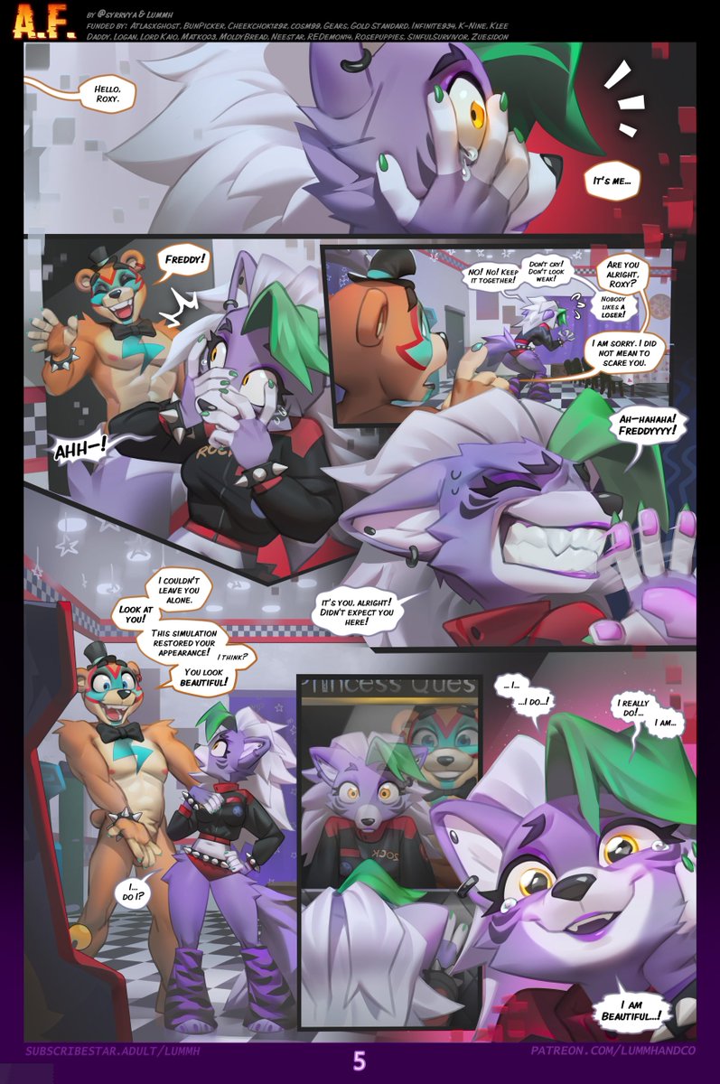 Chilllum1's tweet photo. A.F. pages 5 to 8
Featuring Roxanne Wolf &amp; Glamrock Freddy from Five Nights at Freddy's!
Made alongside @syrrvya https://t.co/bP0ArdxWra
