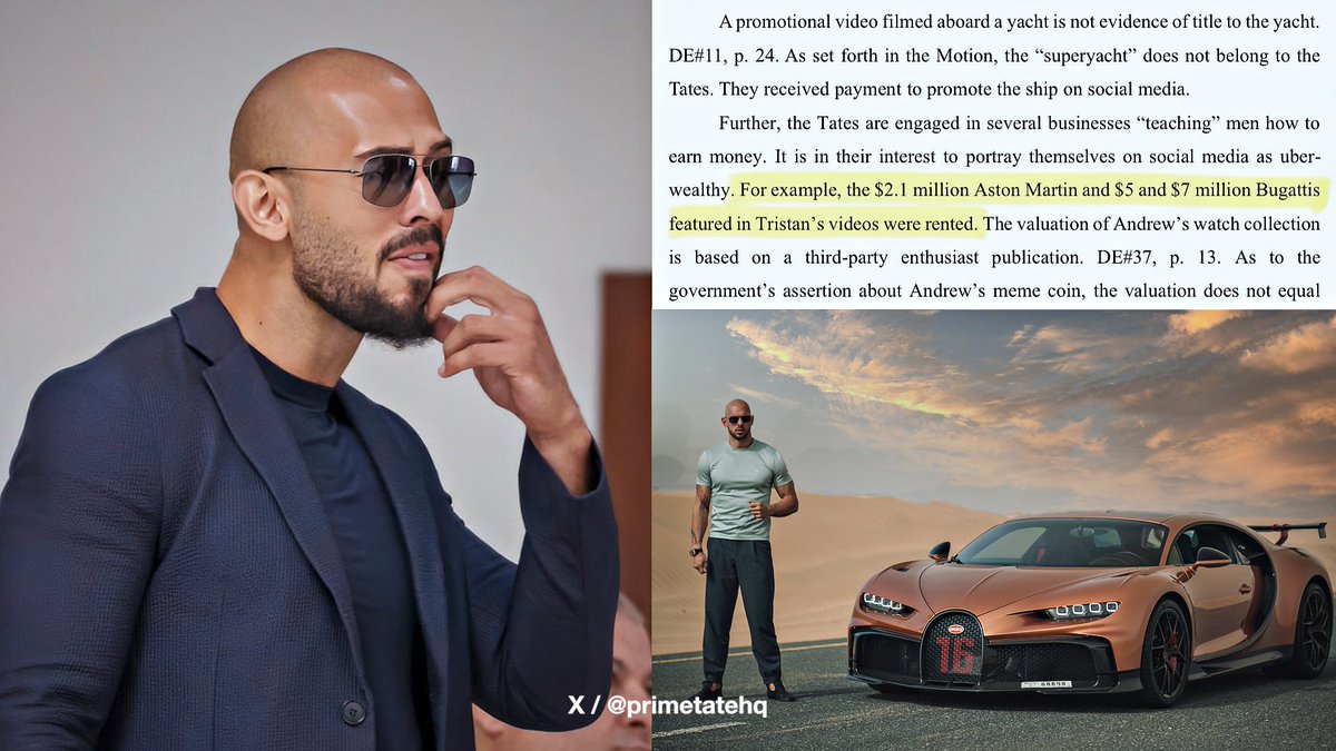 primetateHQ's tweet photo. 🚨BREAKING: Andrew Tate’s Bugattis are reportedly rented, not owned, according to his lawyer’s response in official court documents. 👀💰

The claim appears in a recent filing in the Tates’ U.S. case.‼️ https://t.co/IicZTYiZCP