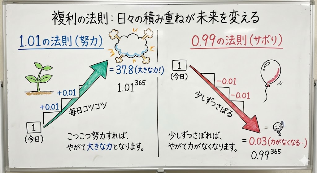 EngineerMirai's tweet photo. 毎日ほんの少しだけ頑張り続けると、1年後には37.8倍もの力になるという「1.01の法則」があります。反対に、毎日ほんの少しさぼり続けると、1年後には0.03しか残らないという「0.99の法則」もあります。日々の小さな積み重ねが、未来を大きく変えるんですね。 https://t.co/91R7PfXkJb