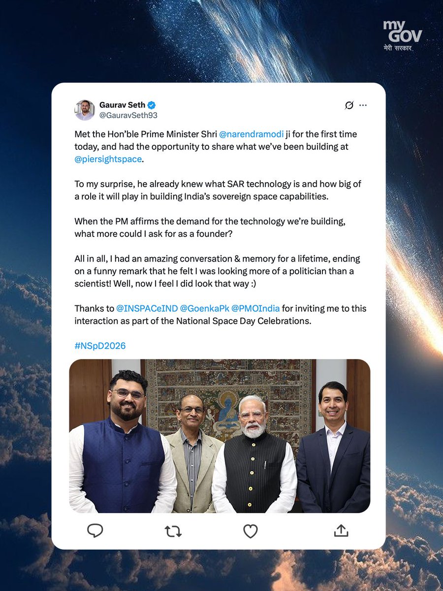 mygovindia's tweet photo. CEO & Founder of @piersightspace, @GauravSeth93, shared a memorable first meeting with PM Modi, speaking about SAR technology and its role in strengthening India’s sovereign space capabilities.
#SpaceStartups
#IndianSpaceSector https://t.co/h6tDuJ6wAS