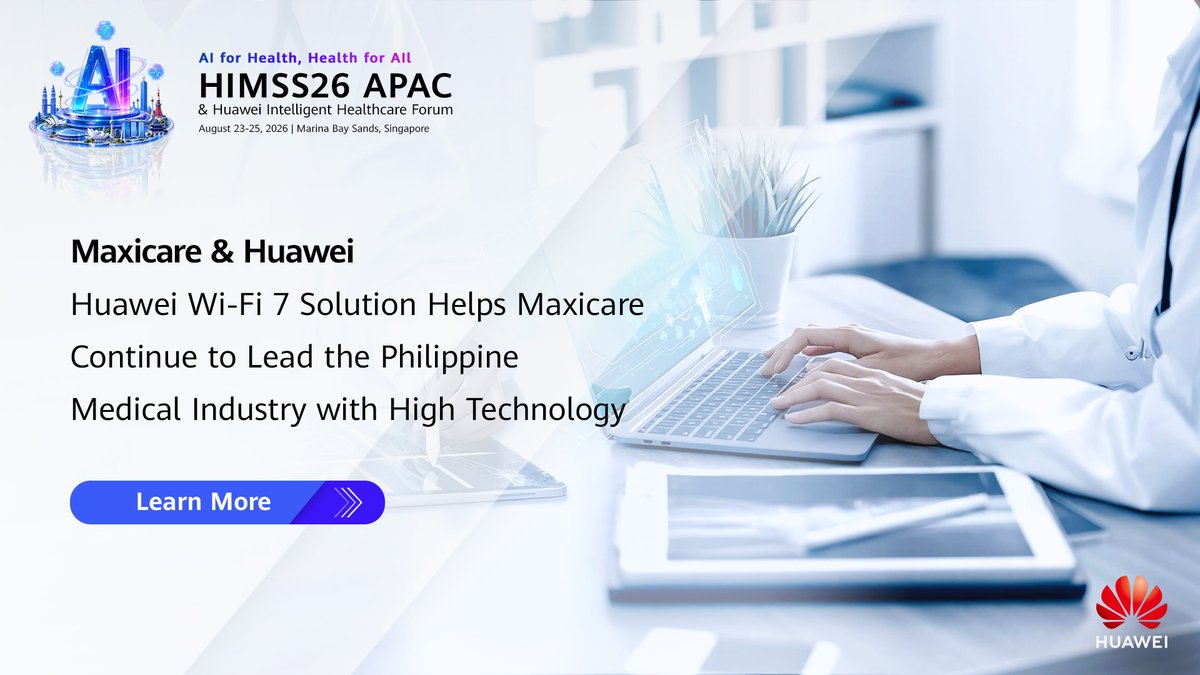 HuaweiEntAPAC's tweet photo. 🏥 HIMSS26 APAC & Huawei Intelligent Healthcare Forum 2026
🗓️ August 23-25 | 📍 Marina Bay Sands, Singapore

✨ Maxicare x Huawei: Wi-Fi 7 Solution Helps Maxicare Continue to Lead the Philippine Medical Industry with High Technology ✨

Want to know how Maxicare upgrade and transform traditional networks to achieve high-speed network access for users and intelligent network operation and maintenance?

Join us at the HIMSS26 APAC & Huawei Intelligent Healthcare Forum from August 23-25 at Marina Bay Sands, Singapore, to discover inspiring success stories in digital healthcare!

👉 Learn more: https://t.co/bYo3edDMTi

#Huawei #HIMSS26APAC #Healthcare