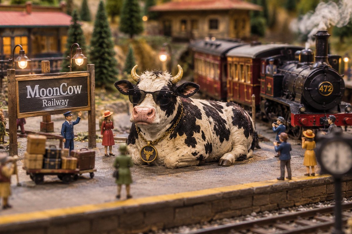 mooncow_rh's tweet photo. Tiny town. Tiny people. One very important cow. 🐮🚂

$MOONCOW just passing through. https://t.co/8zK3H3PIsR