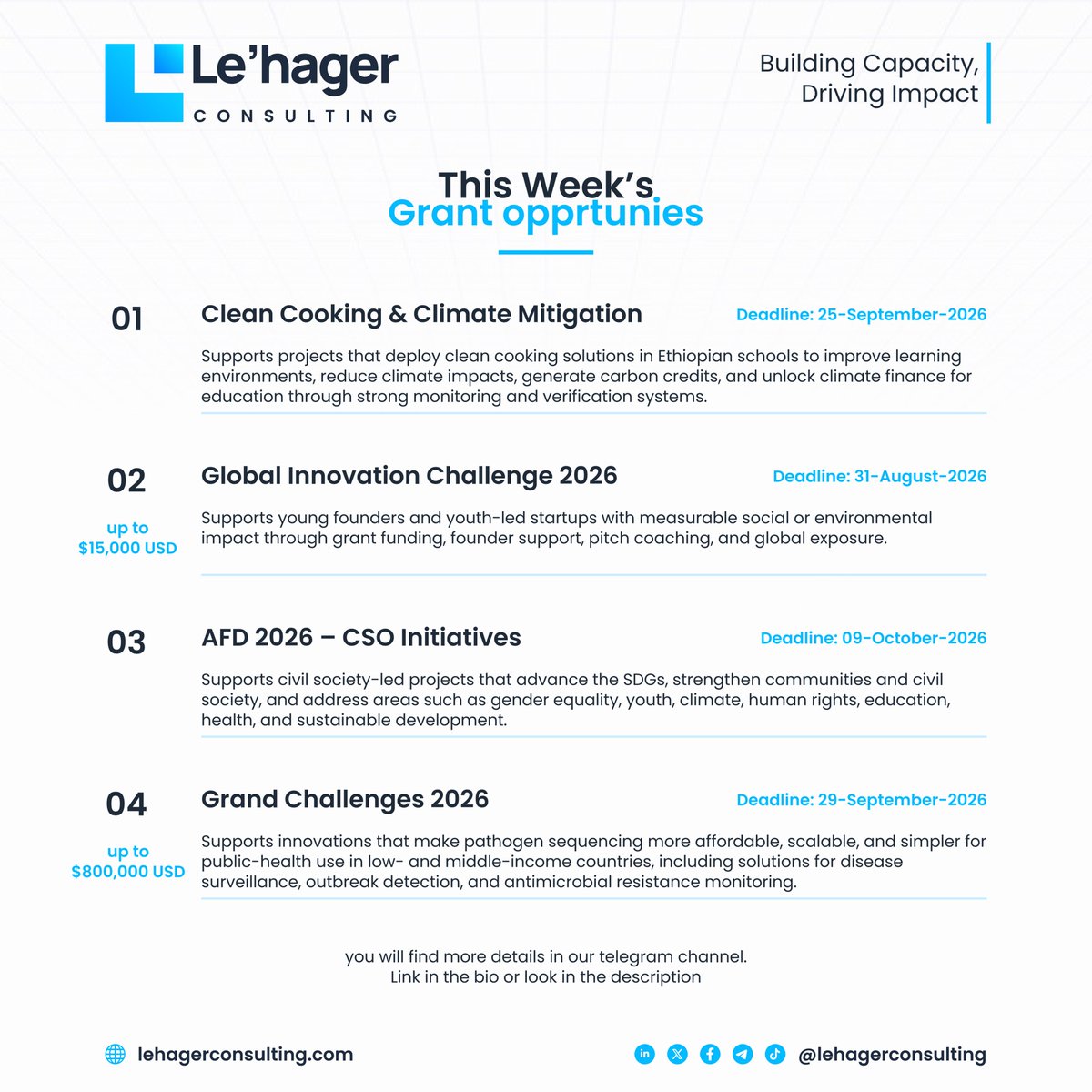 LehagerConsult's tweet photo. 🚀 Weekly Grant Opportunities Are Here!

📌 Browse the opportunities and don't miss the application deadlines!

📩 info@lehagerconsulting.com

Follow us for more funding opportunities every week.

https://t.co/D6Ofin2QES

#GrantOpportunities #FundingAlerts #CallForProposals #NGOs https://t.co/fNsOWuSVxq
