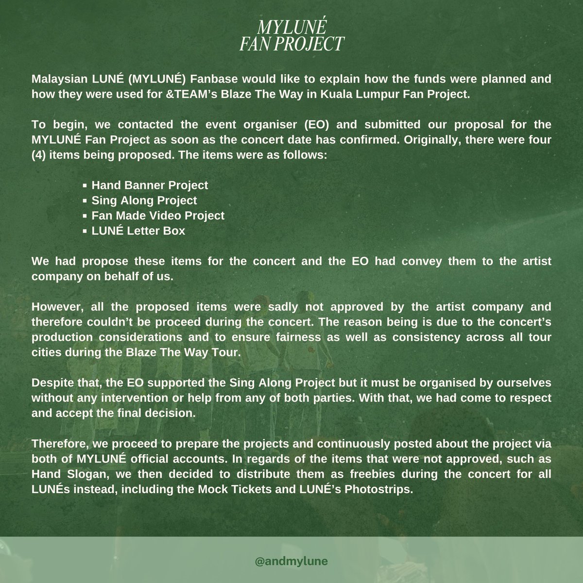 andMYLUNE's tweet photo. Hello LUNÉs✨👋

Thank you for making #BLAZETHEWAY_KUALALUMPUR a night to remember!

We would like to provide full transparency regarding what happened with the planned fan projects.

Please refer to the information below for the complete breakdown. 

Thank you, LUNÉs
🫶🏻🤍 https://t.co/D4miMliJoO