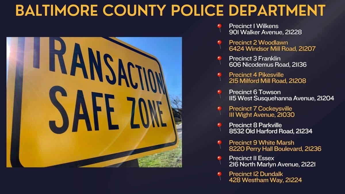 BaltCoPolice's tweet photo. Looking to safely complete an online marketplace exchange? 🛍️
#BCoPD Transaction Safe Zones are available at each of Baltimore County’s ten precincts. These secure locations are ideal for meeting buyers or sellers and can also be used for child custody exchanges. https://t.co/SrQ09OBZIO