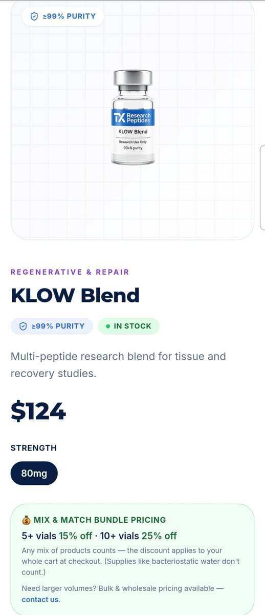 DustyRobbins20's tweet photo. KLOW contains "The GOAT" KPV, TB500, BPC 157, and GHK-Cu. The best blend for your buck. Stacked with Reta it gives you a POWERHOUSE full body stack! #peptides #health #wellness https://t.co/eEVCgZDKOu