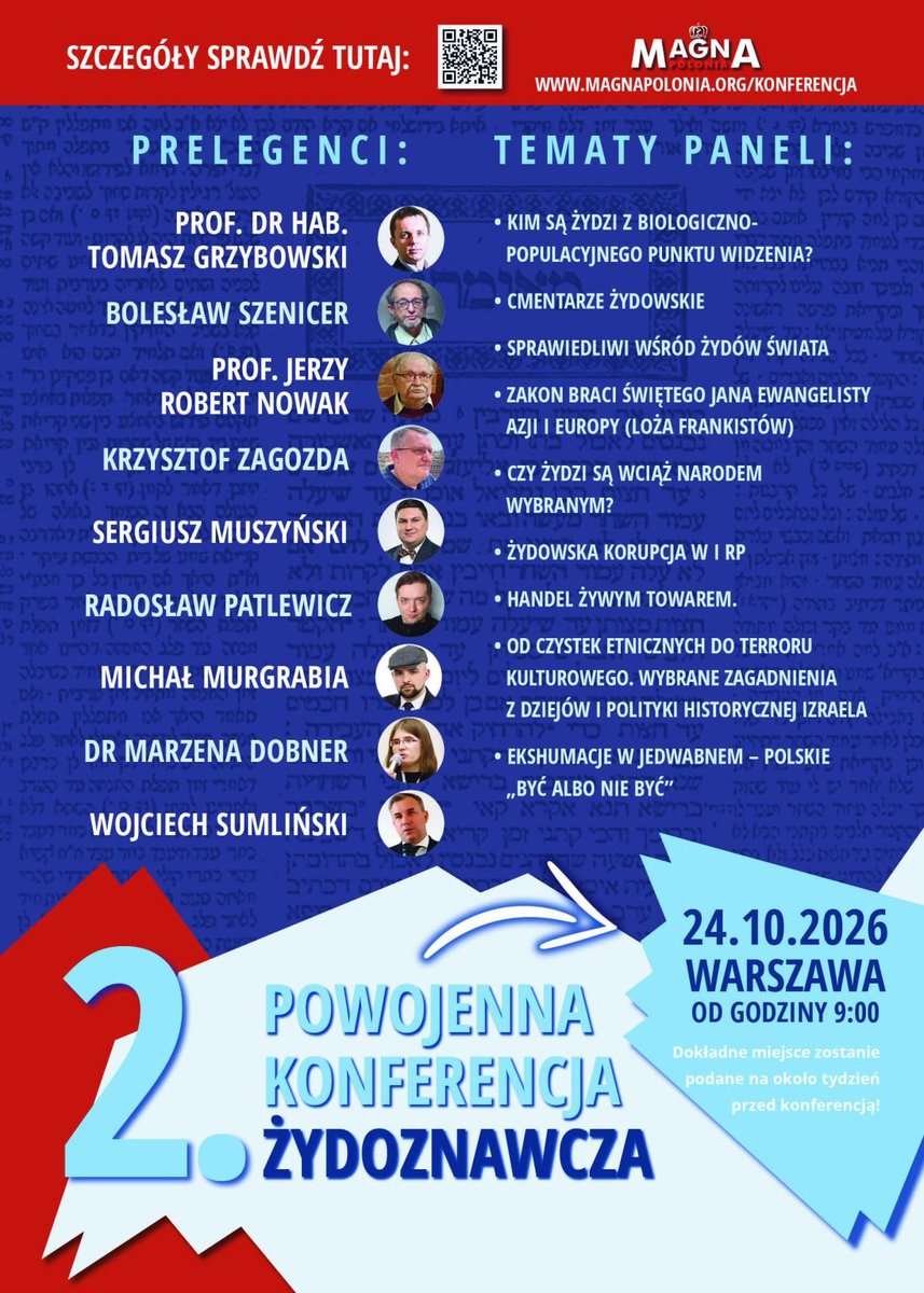 smuszynski92's tweet photo. 24 października w Warszawie odbędzie się 2-ga powojenna konferencja żydoznawcza, podczas której będę miał przyjemność być jednym z prelegentów. Organizatorem wydarzenia jest Fundacja @magnapolonia 

Aby Konferencja mogła się odbyć, niezbędne jest Państwa wsparcie. Więcej o tym na stronie - https://t.co/LIXCVCNIYK