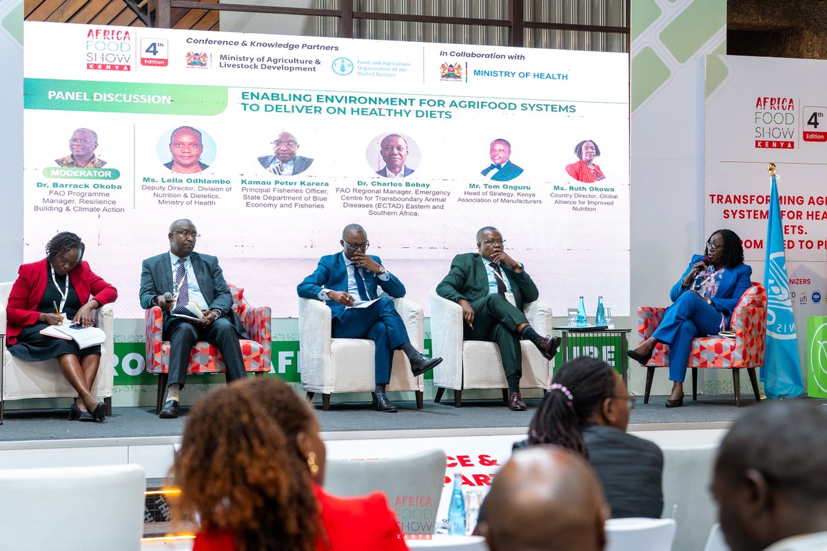 FAOKenya's tweet photo. @KAM_Kenya @MOH_Kenya @GAINAlliance_KE @Blue_Economy_F The panel called for stronger cross-sector coordination, better policies &amp; accountability, and a shift beyond maize to diversified food production. From seed to plate: invest in storage, processing &amp; innovation while cutting food loss and shortening value chains. #AFS2026 https://t.co/wZW7PgQSxv