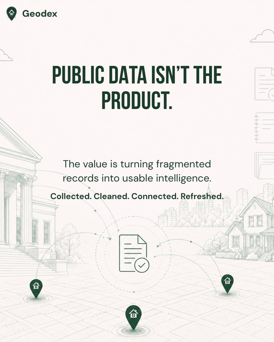 babar4218's tweet photo. Public data isn’t the product.

The value is turning fragmented records into usable intelligence.

Collected. Cleaned. Connected. Refreshed.

That’s a big part of what we’re building Geodex around.

Where does the real edge come from: data access, context, or timing? https://t.co/sGMvHi6QUP