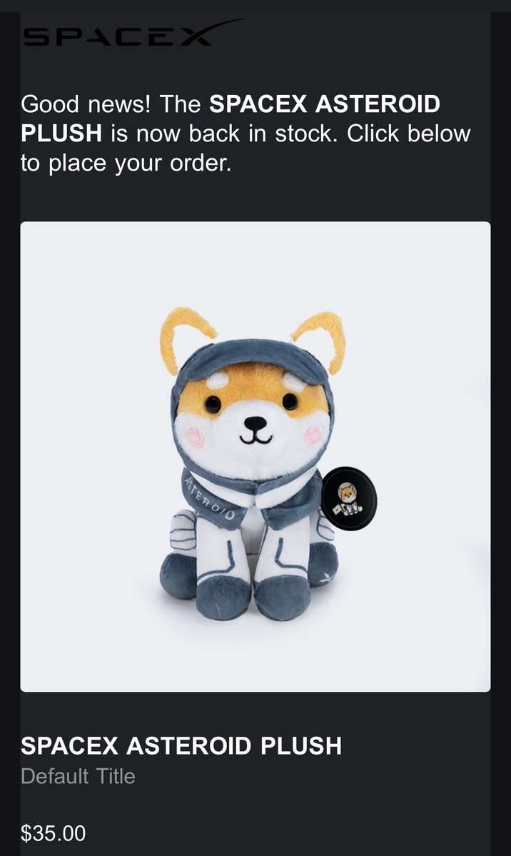 rebeccaperrotto's tweet photo. Asteroid is BACK IN STOCK on the official SpaceX store today! 

Grab one while they’re available:

https://t.co/KBwAxRcYyl

Thank you, Elon and SpaceX, for keeping Liv’s  dream alive. 💫 ❤️@SpaceX @elonmusk https://t.co/Rs9WJIHf5q