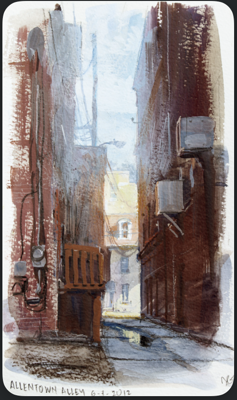 GurneyJourney's tweet photo. When I look up at the sky from a dark alley, most of what I see is glare.

So I try to sketch it that way. https://t.co/1nMdkxJD0b