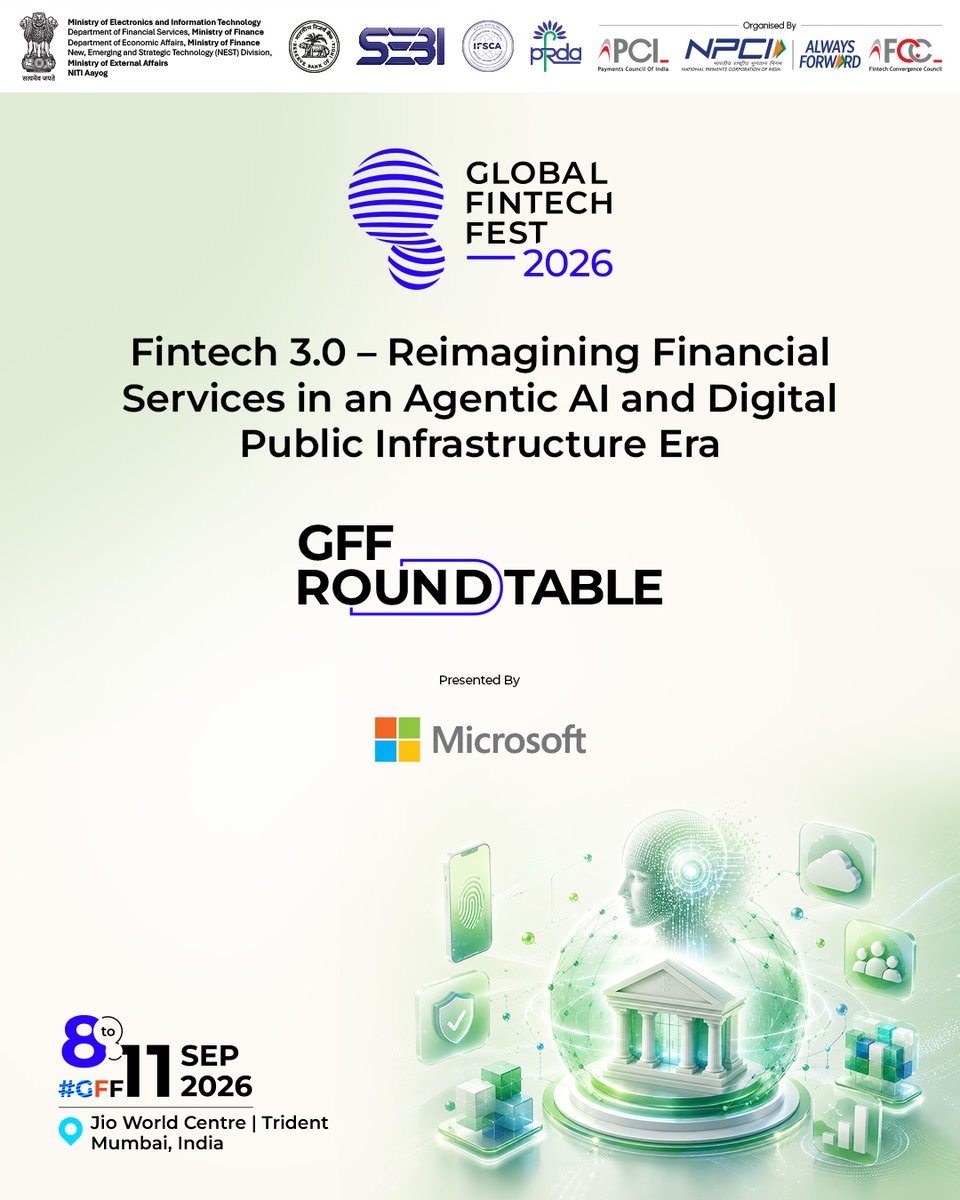 GffFintechfest's tweet photo. At Global Fintech Fest 2026, an exclusive roundtable explores Fintech 3.0: Reimagining Financial Services in an Agentic AI and Digital Public Infrastructure Era.
10th September 2026 | GFF Roundtable
Request an invite: https://t.co/Qtp0e9Ik80
#GFF #GFF2026 #GlobalFintechFest https://t.co/8wYHgv6gHq