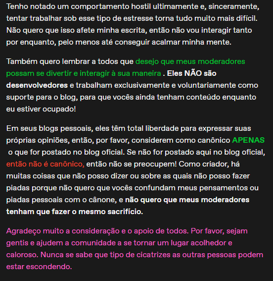 AxiFreak's tweet photo. 🎟️Aviso do neko🎟️

"Também venho notado comportamentos hostis ultimamente, e sinceramente trabalhar com estresse na mente torna tudo ainda mais difícil e não quero que isso interfira na minha escrita… então não vou interagir muito no momento até eu estar com a mente mais calma." https://t.co/c8809joLSZ