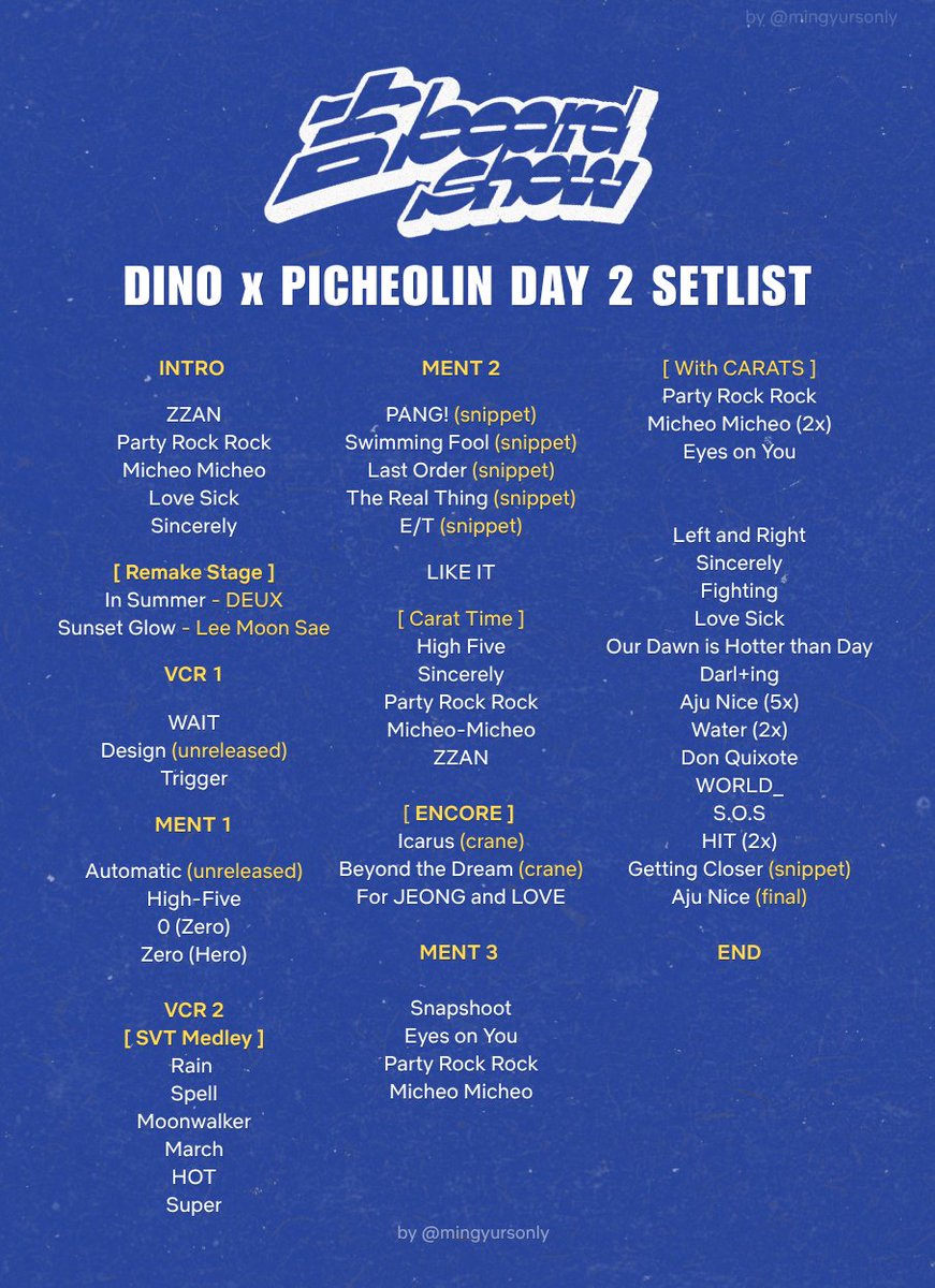 mingyursonly's tweet photo. [ SETLIST for DAY 2 ] DINO x PICHEOLIN Fan Concert '吉BOARD Show'  

#DINO #디노 #吉BOARD #길보드 #세븐틴 #SEVENTEEN https://t.co/sv0bab0bI1