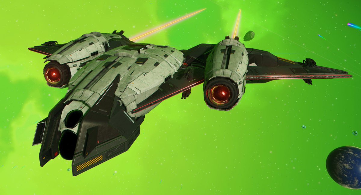 rottenAdam's tweet photo. tried my hand at making a fighter jet style ship with the part I like the best. Usually I'm not a fan of wide ships but it looks good on this one because it's very slim.
Somehow I was able to make the ambassador cockpit look decent too, not bad 😄
#nms #NoMansSky https://t.co/aLA0dVLGjs
