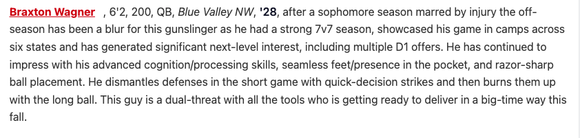 BraxtonWagner11's tweet photo. Appreciate the write up @cargile_wade . Big season coming up! @PrepRedzone @BVNW_Football https://t.co/YIIOGB9nCc