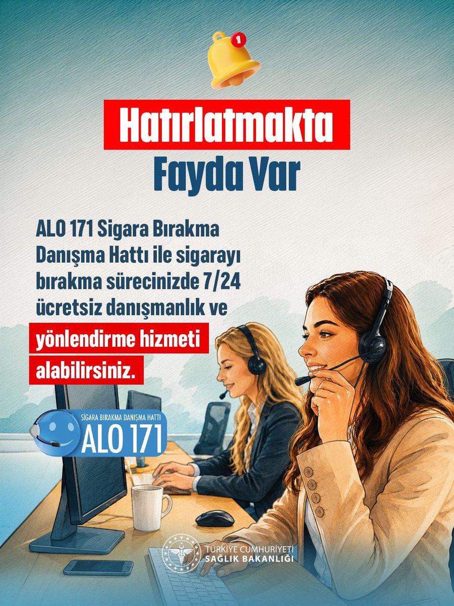 saglikbakanligi's tweet photo. Sevdiklerimize Hatırlatalım💚

ALO 171 Sigara Bırakma Danışma Hattı ile sigarayı bırakma sürecinizde 7/24 ücretsiz danışmanlık ve yönlendirme hizmeti alabilirsiniz.

#HatırlatmaktaFaydaVar https://t.co/3Q8toVcMBA