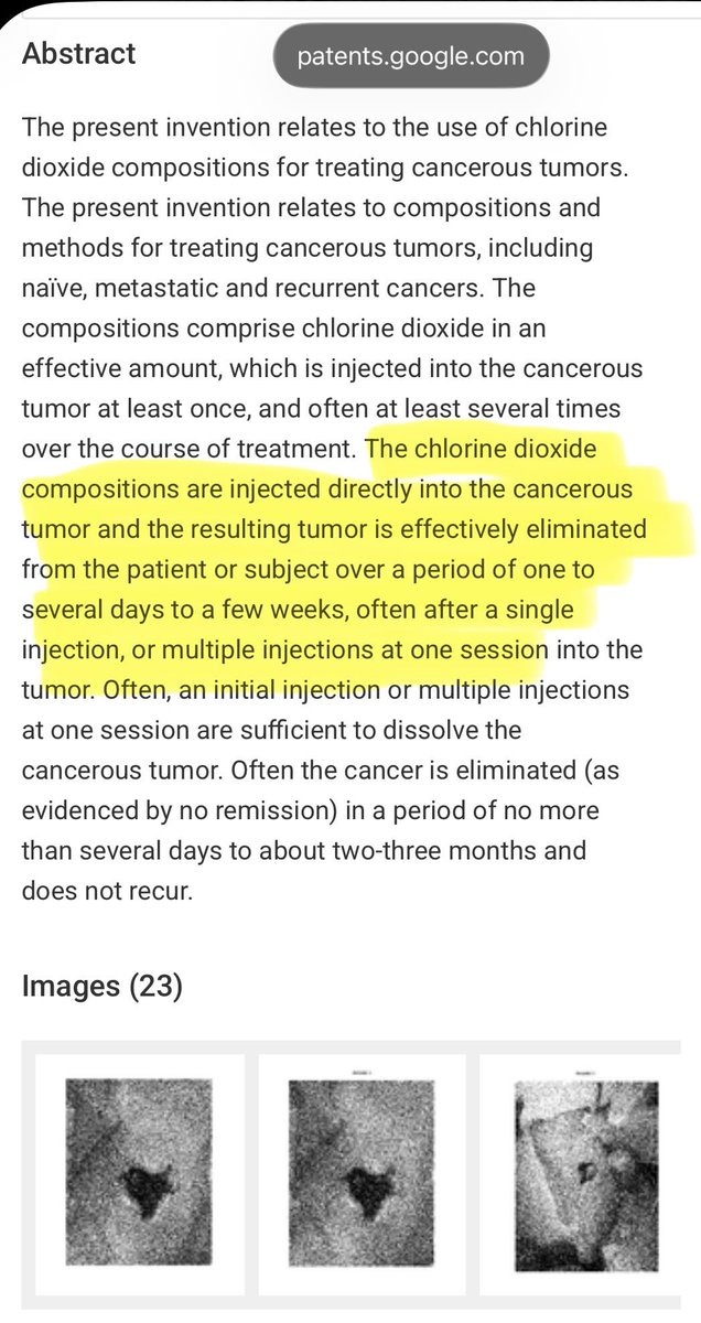 VictorFromDE's tweet photo. Chlorine dioxide injected directly into tumors can cure cancer. There are multiple patents. This technique cleared the tumors in all of the mice used in the experiments.

It is being done with pets by at least one veterinarian in the United States. It is being done with humans in other countries.