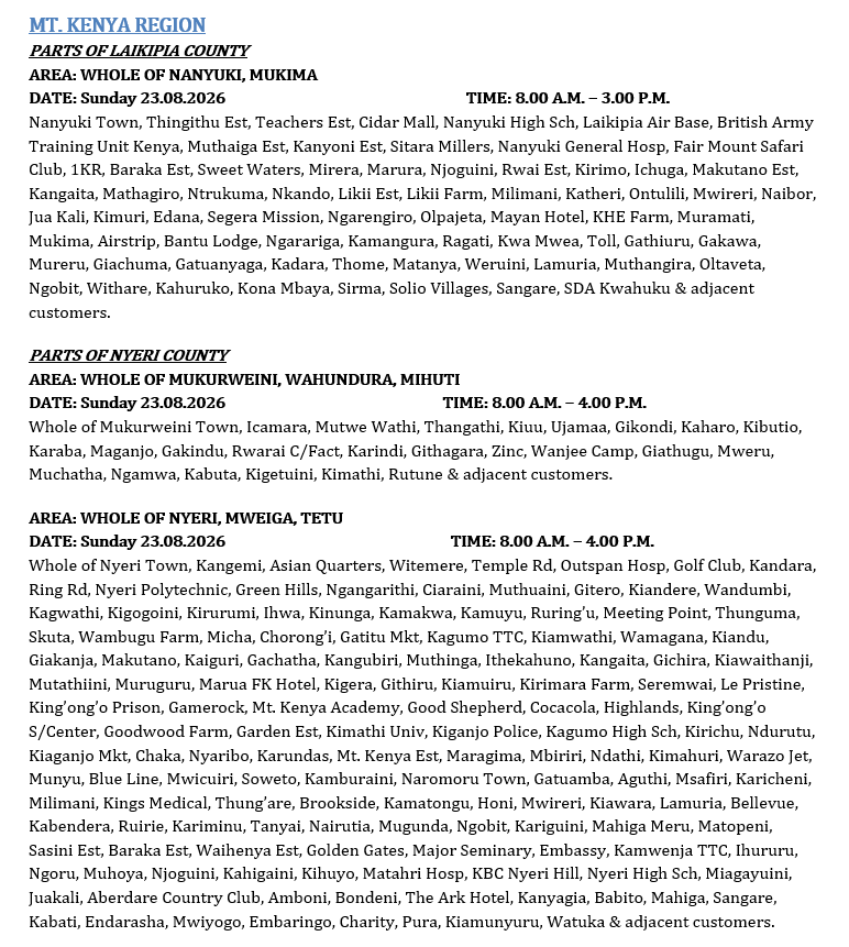 KenyaPower_Care's tweet photo. Good evening, please find the areas affected by planned power interruptions scheduled for tomorrow, 23.08.2026. ^R.O https://t.co/wyaUJEEu7x