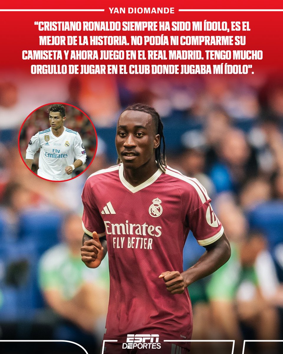 ESPNDeportes's tweet photo. Yan Diomande habló lo que significa para él jugar en el Real Madrid, lugar donde su ídolo Cristiano Ronaldo jugó y marcó historia.🤩⚪️⚽️ https://t.co/7jLtc5yTLq