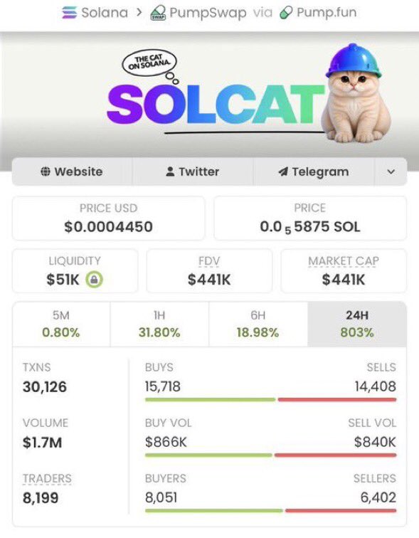 VENUSdnkh's tweet photo. 🚀 $SOLCAT just ripped! 🔥

From $10K MC → $441K MC — roughly a 44x move. 📈💎

#Solana #Memecion #CryptoTrading https://t.co/vXM8zNio0u