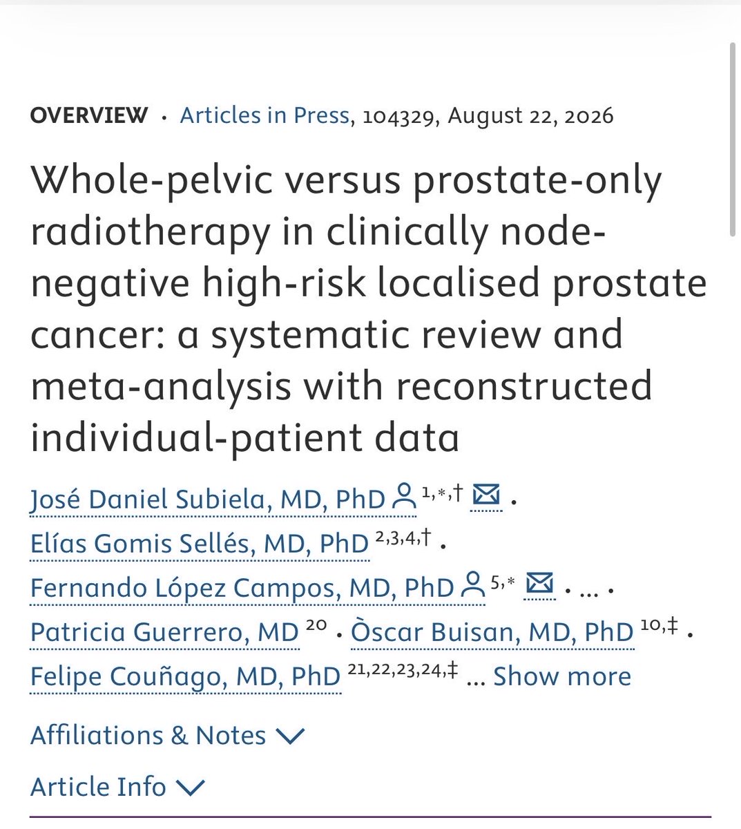 fcounago's tweet photo. 🚨 Just published in Clinical Oncology!

Meta-analysis of 5 phase III trials (5,172 patients): no OS benefit with whole-pelvis RT.

🎯 Routine elective pelvic irradiation is not supported in unselected patients.

👏 Congrats to all co-authors!

🔗 https://t.co/XdniOPxnmZ https://t.co/A4gvGEAEdk