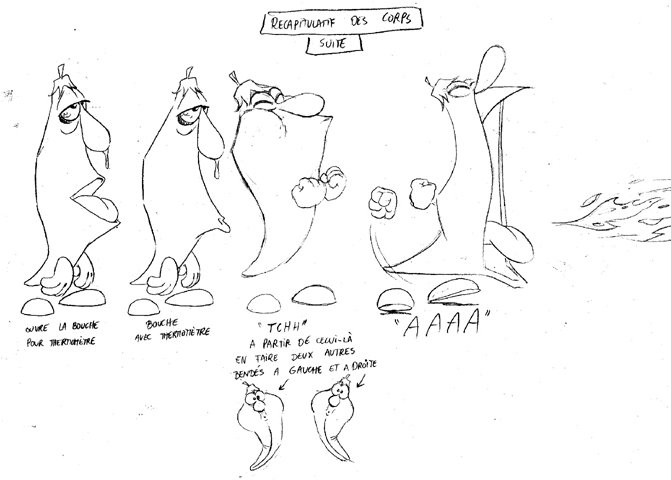 tonict_treasury's tweet photo. Enemy concept art, with some animation notes. 
(Chili Pepper, Helling Guard Ballet Dancer, Tomato, Turnip.)

(Ubisoft press kit, 1998) https://t.co/XiGtkqcLFb