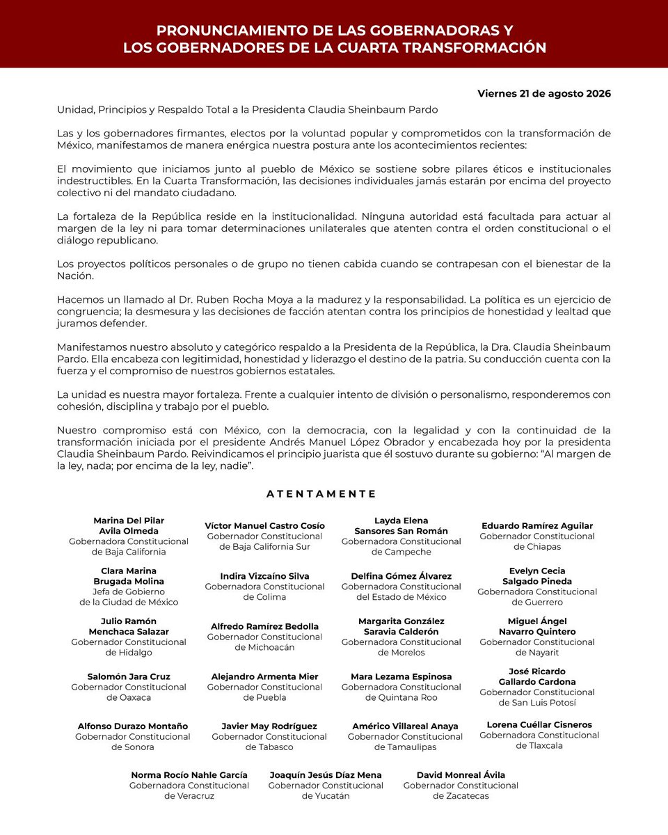 LaydaSansores's tweet photo. Mi respaldo absoluto a nuestra querida PresidentA @Claudiashein. En la Cuarta Transformación nos une un proyecto de nación que está por encima de cualquier interés personal.

Con unidad, lealtad y respeto a nuestras instituciones, seguiremos trabajando por el pueblo de México. https://t.co/o9HdclGCFV