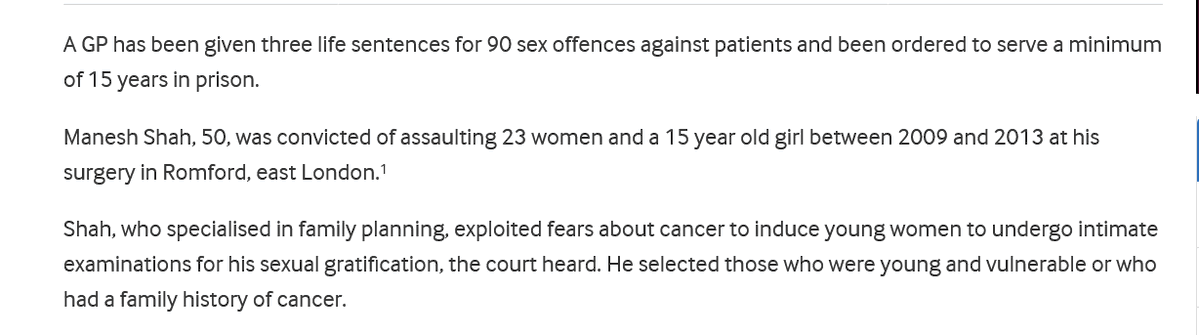 justrightFrank's tweet photo. Now that I have got the attention of so many people, did anyone know that a GP named Doctor Manesh Shah, who was working in Romford, has been given three life sentences for 90 sex offences against  patients and been ordered to serve a minimum of 15 years in prison.
The "Doctor" was carrying out his crimes for 4 years.
Imagine how many complaints were ignored by his superiors in that time?
Did someone decide to cover it up?
Do the Pink Ladies know about it?
We could ask an expert for information,
Who was Health Minister when Doctor Shah started having fun in 2009?
Oh yes, Labour's Andy Burnham.
https://t.co/JlPXuVlExO