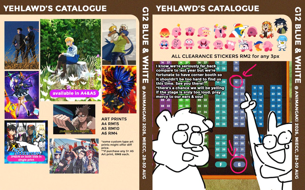 Yehlawd's tweet photo. Im boothing again with @/marshbear_art in #AMG26 this year with some new merch!
Saber Tshirt is also available as well (RM60)
Come find us in G12 BLUE&WHITE! #animangaki #animangaki2026 #amg https://t.co/nxL7a224Ss