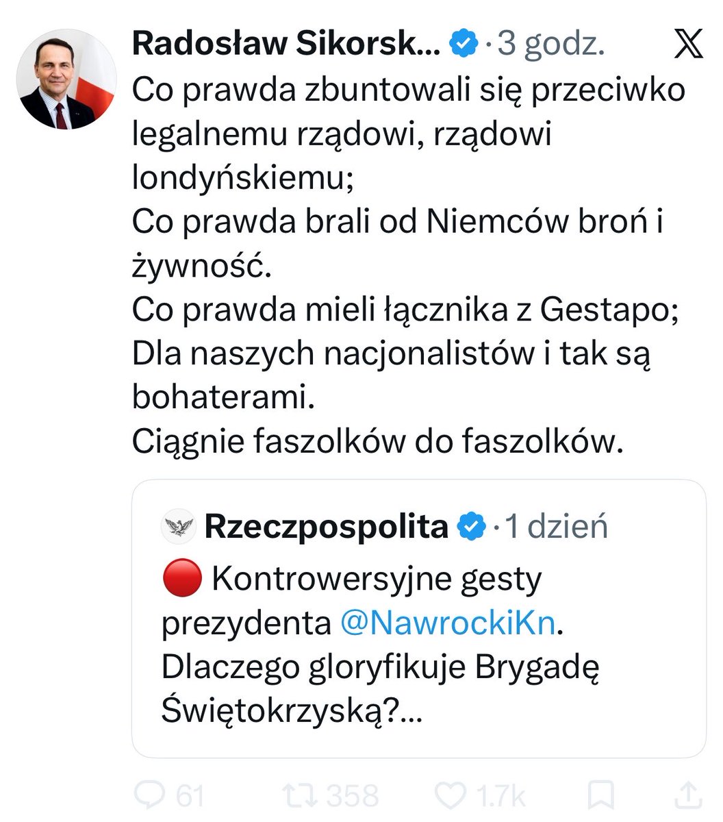 ArkadiuszCimoch's tweet photo. Panie ministrze @sikorskiradek,

Brygada Świętokrzyska NSZ została uznana przez Amerykanów za jednostkę aliancką, ponieważ nie współpracowała z Niemcami - nie  wykonywała ich rozkazów ani nie działała w interesie III Rzeszy. To właśnie dlatego po wojnie jej żołnierze służyli w Kompaniach Wartowniczych tworzonych u boku aliantów na terenie okupowanych Niemiec.

Co innego Armia Ludowa, utrzymywana i zaopatrywana przez Moskwę, która zwalczała polskie podziemie niepodległościowe i dopuszczała się zbrodni na Polakach i Żydach. 

Trudno więc nie odnieść wrażenia, że także dziś wam znacznie bliżej do Moskwy niż do Waszyngtonu.