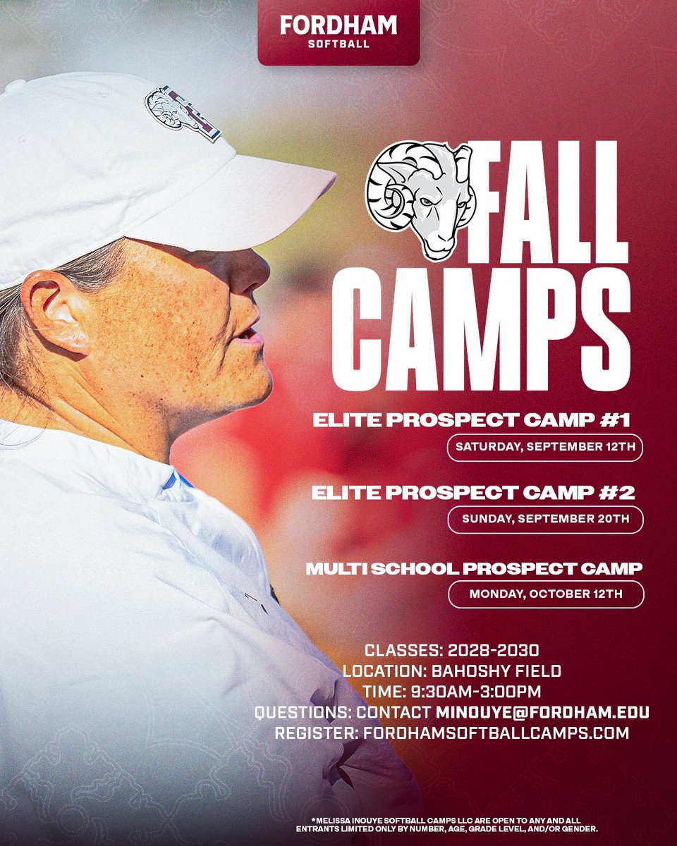 FordhamSoftball's tweet photo. Save the dates 🗓️ Keep an eye out for registration online at 

https://t.co/bn9m4yViBA

Fall Elite Prospect Camp #1 Saturday, September 12

Fall Elite Prospect Camp #2
Sunday, September 20

Fall Multi School Prospect Camp
Monday, October 12 

2028-2030
9:30am-3:00pm https://t.co/Q8ptsFSLNu