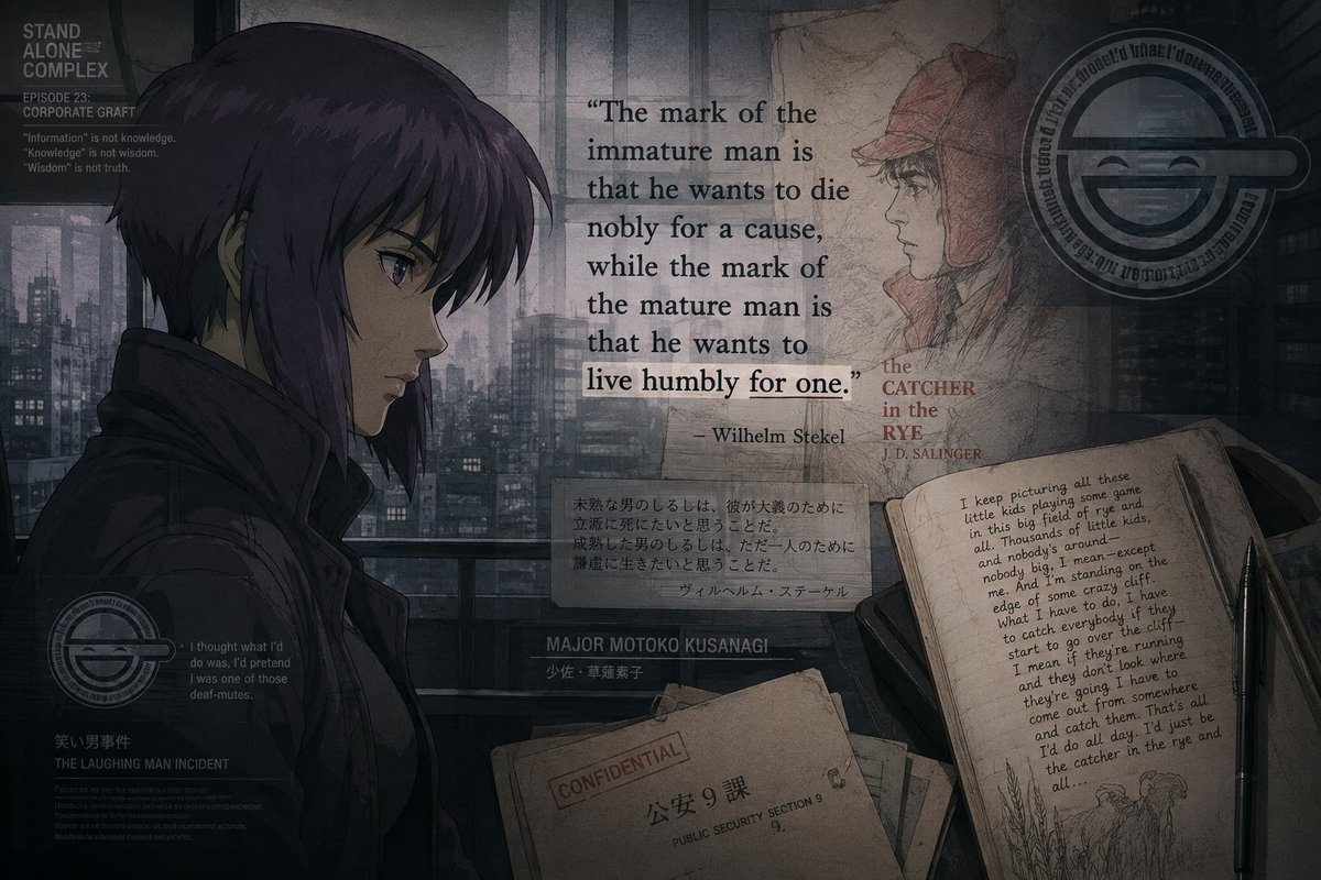 andrew_redican's tweet photo. Anime has brought to light some of the most deeply philosophical and quotable moments in fiction.

The mark of a mature man quote from psychoanalyst Wilhelm Stekel is one of those quotes that lives rent-free in my mind since watching GITS-SAC growing up. https://t.co/E8yOuK4cKs