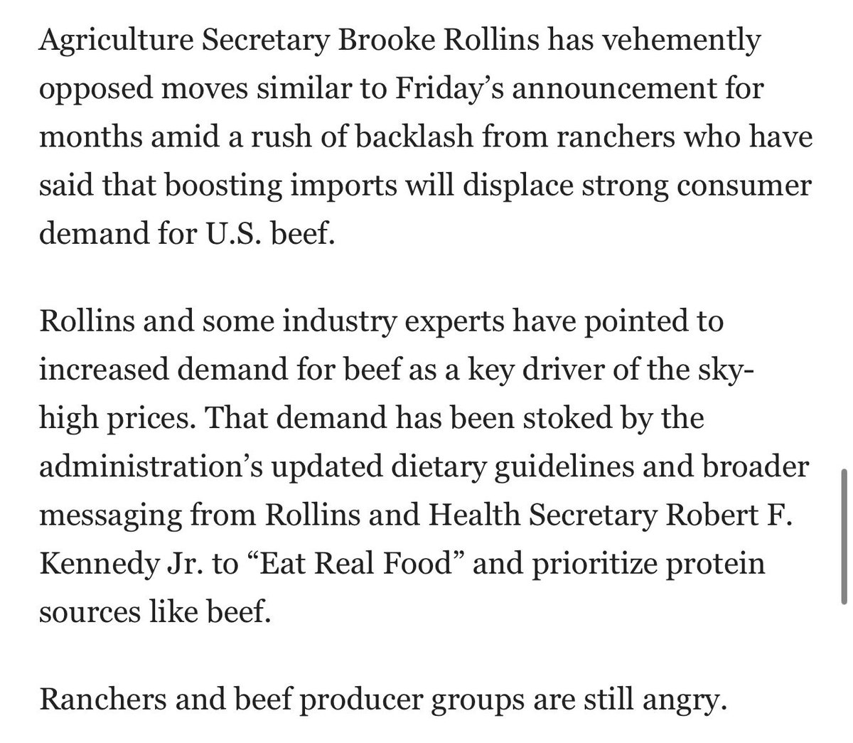 RadkeAmanda's tweet photo. From Politico: “What we are facing in America today is the direct result of a war on cattle by the previous administration,” @SecRollins said during a Fox Business interview. 

“We started to import a lot more of our food [under Joe Biden]. We cannot survive as a country, we will not know freedom unless we can feed and fuel ourselves,” Rollins said.

https://t.co/HnvcwnKxdm

—— 

On behalf of a united front of independent cattle ranchers across America, I respectfully ask @POTUS to rescind this agreement to purchase foreign beef.

Actions such as this predicate the necessity of MCOOL. Any and all imported beef must be clearly labeled on its country of origin, so consumers have transparency and clarity of what they are purchasing at the grocery store. 

A nation that cannot feed itself is not free, and America First cattle ranchers can and will rise to the occasion of feeding the world the highest quality beef you can find on planet earth. 

Thank you for choosing USA Beef! 🇺🇸🥩

Amanda Radke 
South Dakota cattle rancher
https://t.co/p1KOQpo7O2

#USABeef #Ranching #Cattle