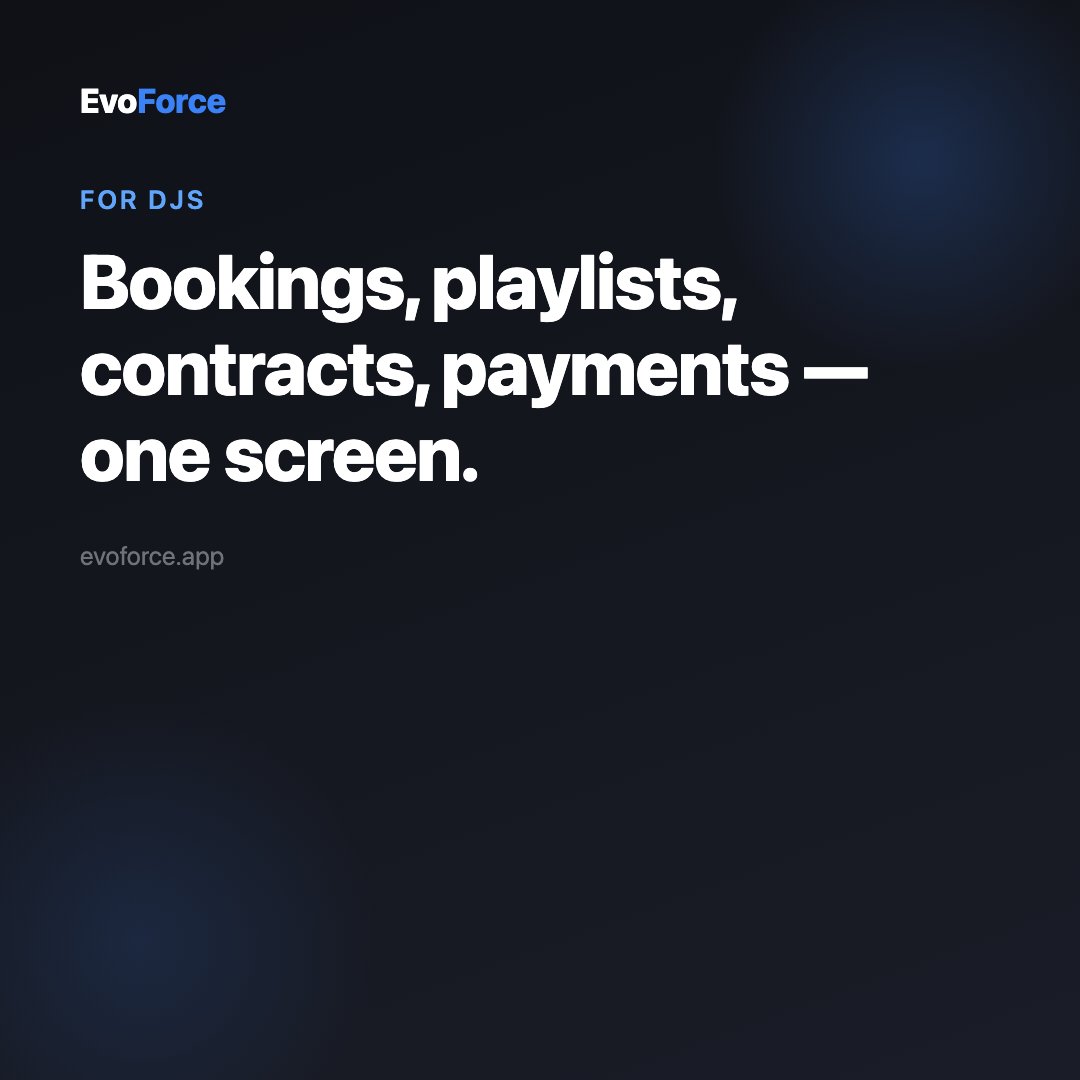 Evoforceapp's tweet photo. Bookings, playlists, contracts, payments — one screen.

#eventprofs #weddingdj #djlife
https://t.co/yu1Cl9Ep8K https://t.co/1eei7Q0szL