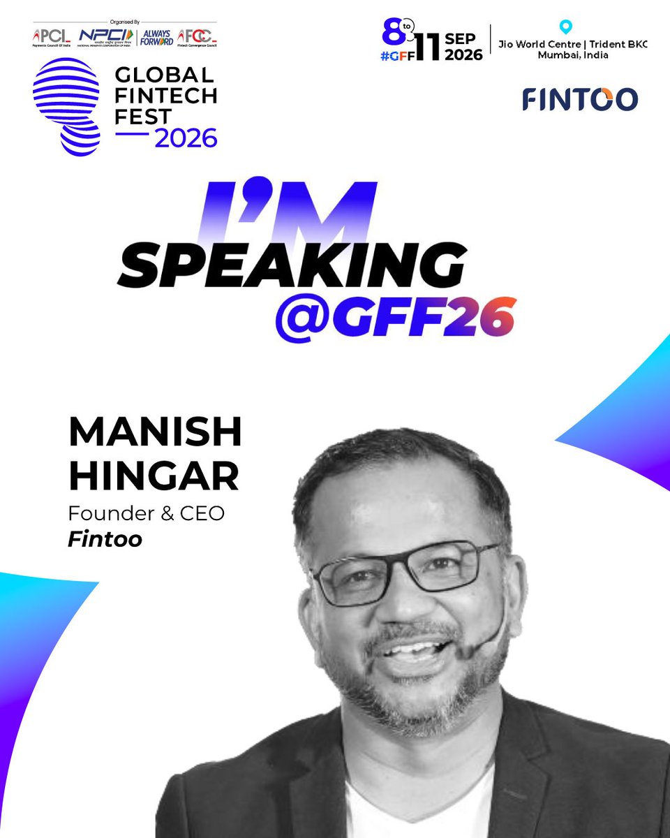 FintooApp's tweet photo. π From shaping the future of finance to speaking at #GFF26
Weβre proud to have @manishhingar , Founder & CEO, Fintoo, taking the stage at Global Fintech Fest 2026.
π Jio World Centre, Mumbai
ποΈ 11 September 2026
#Fintoo #GFF26 #GlobalFintechFest #Fintech #FinancialPlanning #AIinFinance