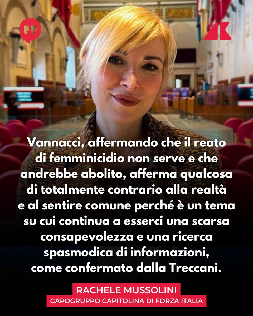 Adnkronos's tweet photo. "Quando Vannacci afferma che il reato di femminicidio non serve e che per lui andrebbe abolito afferma un qualcosa di totalmente contrario alla realtà e al sentire comune. Lo dimostra, purtroppo, il recente assassinio della povera Tania Terrin la sera di Ferragosto e il fatto che la parola femminicidio sia la più consultata sul sito della @treccanigram nell'anno 2026, dato emblematico di come il fenomeno in oggetto sia largamente e fortemente percepito tra le italiane e gli italiani con preoccupazione e inquietudine, nonostante il calo degli omicidi di genere annunciato dal Viminale". Lo dichiara, in una nota, la capogruppo capitolina di Forza Italia Rachele Mussolini.

"Un tema, dunque, che continua a suscitare grande apprensione e sul quale, a livello capitolino, mi sono sempre battuta con convegni, iniziative e atti istituzionali nel segno di una maggiore sicurezza e contro la violenza di genere. L'introduzione dell'art. 577-bis del codice penale che ha istituito lo specifico reato di femminicidio va certamente nella direzione giusta, ma non basta. Occorre intervenire anche e soprattutto sulla prevenzione, in particolar modo verso i più giovani, attraverso corsi di educazione affettiva volti a sensibilizzare maggiormente l'opinione pubblica su un tema sul quale, ad oggi, continua a esserci una scarsa consapevolezza e una ricerca spasmodica di informazioni, come confermato dalla Treccani".