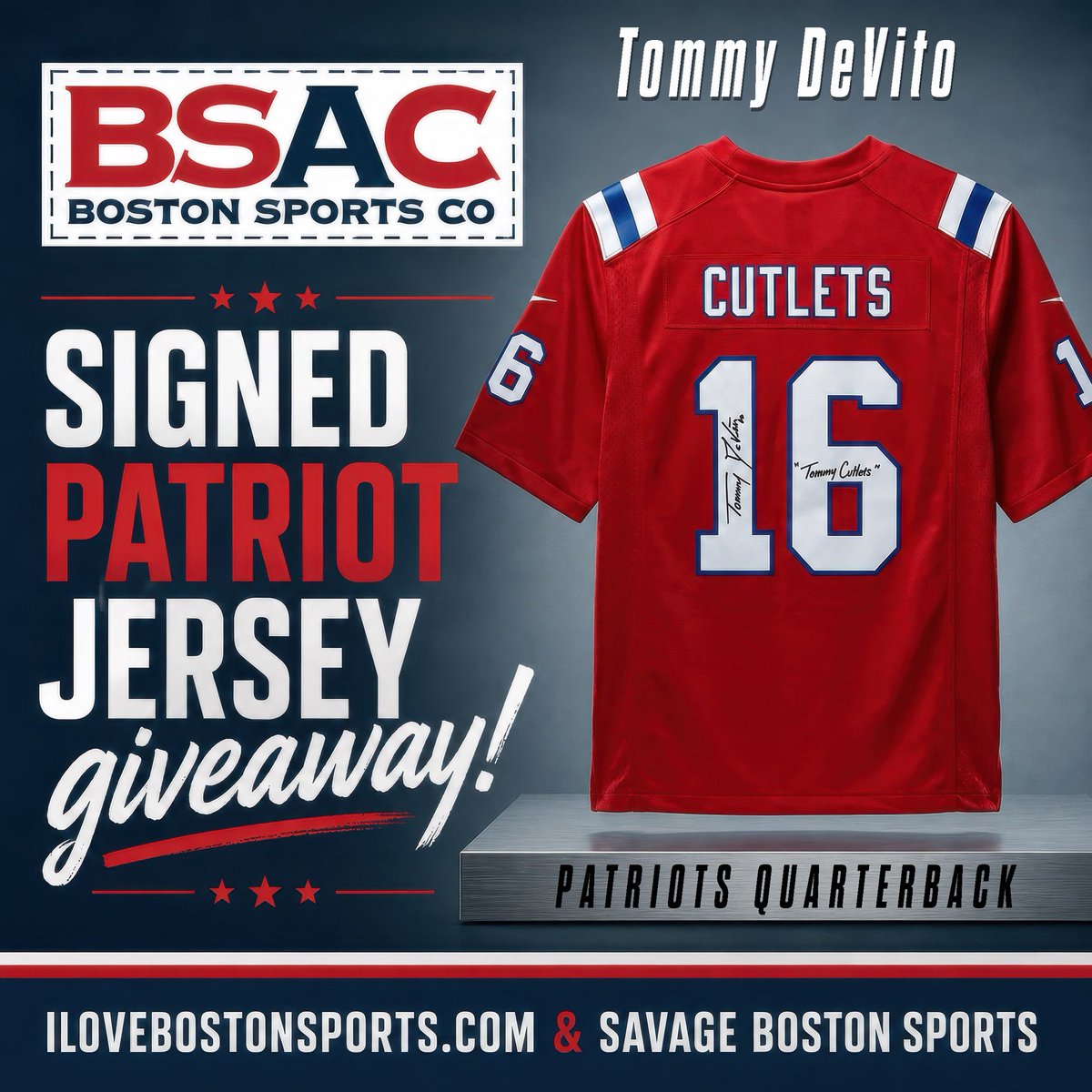 Savageboston's tweet photo. 🚨 PATRIOTS GIVEAWAY 🚨

I’ve teamed up with @bostonsportsco to give away a Tommy Devito signed Patriots “Tommy Cutlets” jersey! 

To enter:

— comment on this post
— Follow @bostonsportsco and @Savageboston 

Quote tweet for bonus entry. Good Luck! https://t.co/lVfqB2tDxx