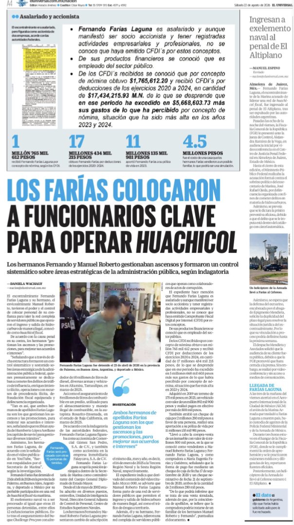 JJDiazMachuca's tweet photo. BUEN DÍA 😊☕

🚨 LOS FARÍAS COLOCABAN FUNCIONARIOS CLAVE PARA OPERAR EL HUACHICOL… ¿CON EL VISTO BUENO DE QUIÉN?

Según la indagatoria, Fernando Farías Laguna y Manuel Roberto Farías Laguna habrían gestionado ascensos y construido un control sistemático sobre áreas estratégicas de la administración pública.

¿Solitos? 😂

Porque aquí hay una CADENA DE MANDO que nadie puede borrar.

Durante el gobierno de Andrés Manuel López Obrador (@lopezobrador_), el secretario de Marina era el almirante Rafael Ojeda Durán, tío político de los Farías.

Y los Farías continuaron en funciones durante el gobierno de Claudia Sheinbaum (@Claudiashein).

Entonces, Secretaría de Marina (@SEMAR_mx), ahora que pretenden deslindar a la institución de las conductas investigadas:

¿QUIÉN LOS ASCENDÍA? ¿QUIÉN AUTORIZABA? 

¿QUIÉN FIRMABA? ¿QUIÉN CONOCÍA SUS MOVIMIENTOS? 

¿QUIÉN LES PERMITIÓ ACUMULAR ESE PODER?

Y las preguntas suben por toda la cadena:
¿QUÉ SABÍA RAFAEL OJEDA DURÁN SOBRE SUS SOBRINOS POLÍTICOS?

¿QUÉ SABÍA EL GOBIERNO DE LÓPEZ OBRADOR?

¿QUÉ RECIBIÓ, QUÉ SUPO Y QUÉ INVESTIGÓ EL GOBIERNO DE SHEINBAUM MIENTRAS ELLOS SEGUÍAN EN FUNCIONES?

Porque no estamos hablando de dos cabos escondidos en una oficina.

ERAN ALTOS MANDOS DE LA MARINA.

Y si, como sostiene la indagatoria, tenían capacidad para gestionar ascensos, colocar servidores públicos y extender su influencia sobre áreas estratégicas, resulta insultante pretender que hacia arriba todos eran ciegos, sordos y mudos.

🎯 Qué extraordinaria “cadena de mando”:

Los de abajo presuntamente operaban.
Los de en medio no veían.
El tío secretario no sabía.
López Obrador no sabía.
Cambió el gobierno, siguieron en funciones…

¿Y CLAUDIA TAMPOCO SABÍA? 😂

Entonces que alguien responda la pregunta que ningún deslinde institucional puede desaparecer:

¿QUIÉN ESTABA ARRIBA DE LOS FARÍAS Y QUIÉN LES DIO EL VISTO BUENO?