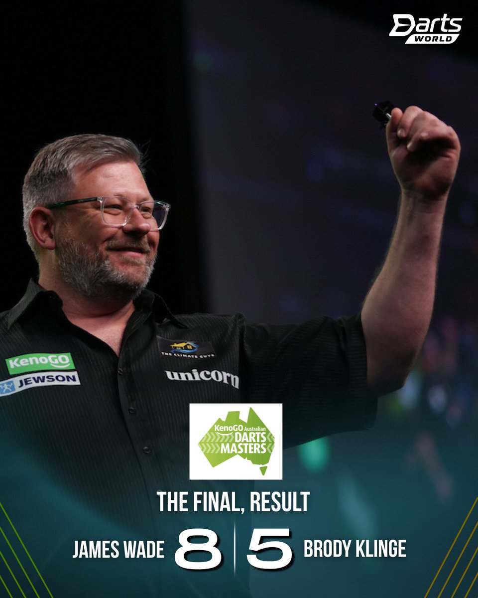 DartsWorldMedia's tweet photo. 🎯𝐖𝐨𝐫𝐥𝐝 𝐒𝐞𝐫𝐢𝐞𝐬 𝐨𝐟 𝐃𝐚𝐫𝐭𝐬🌎
🇦🇺Australian Darts Masters, The Final

🏴󠁧󠁢󠁥󠁮󠁧󠁿James Wade 8️⃣
🇦🇺 Brody Klinge 5️⃣

⚙WONDERFUL WADE WINS IN WOLLONGONG!

James Wade has clinched his first World Series Tour title, as 'The Machine' defied a 104.56 average from Brody Klinge, averaging over 101 himself to sweep to the trophy.

Congratulations James!
