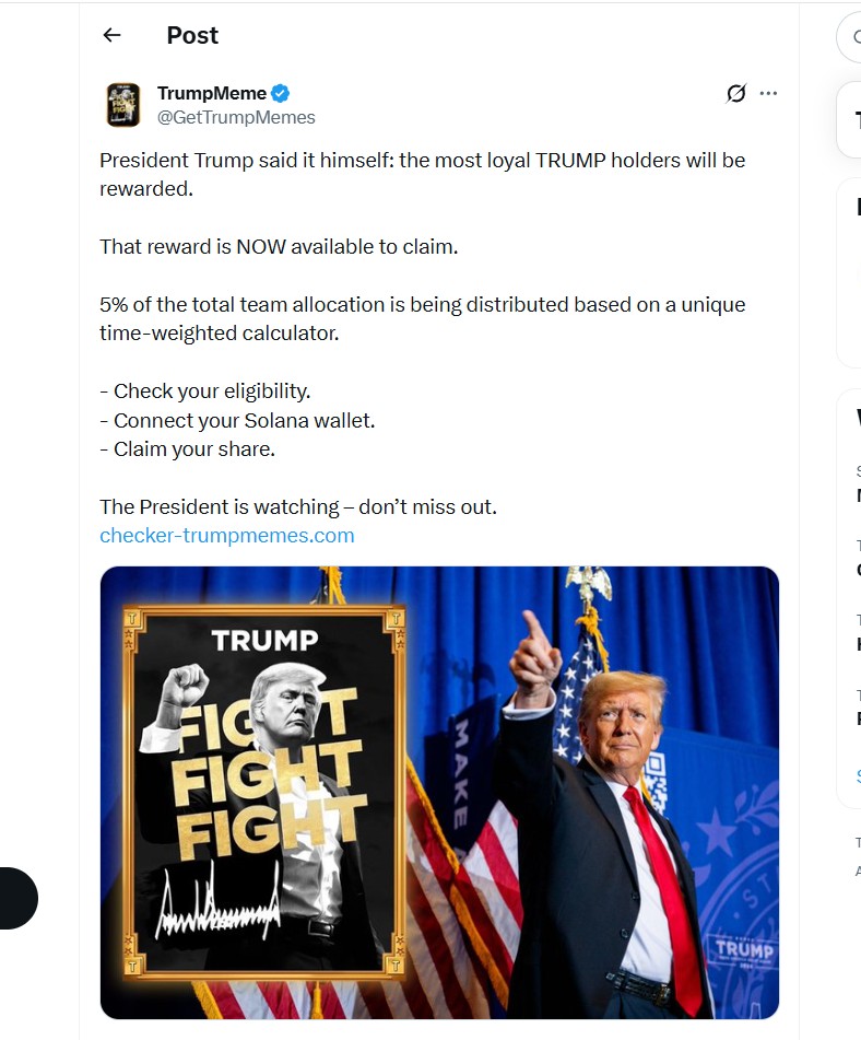 FBoguet's tweet photo. Seems like TRUMP kept his word for the loyal ones , u still hold your bag right? U tried to check allocation in https://t.co/XTUP42K58f tho?

I was not eligible xd I sold my bag last week unluckily...‍‌​⁠‌‌⁠ https://t.co/iPkqLzDKGQ