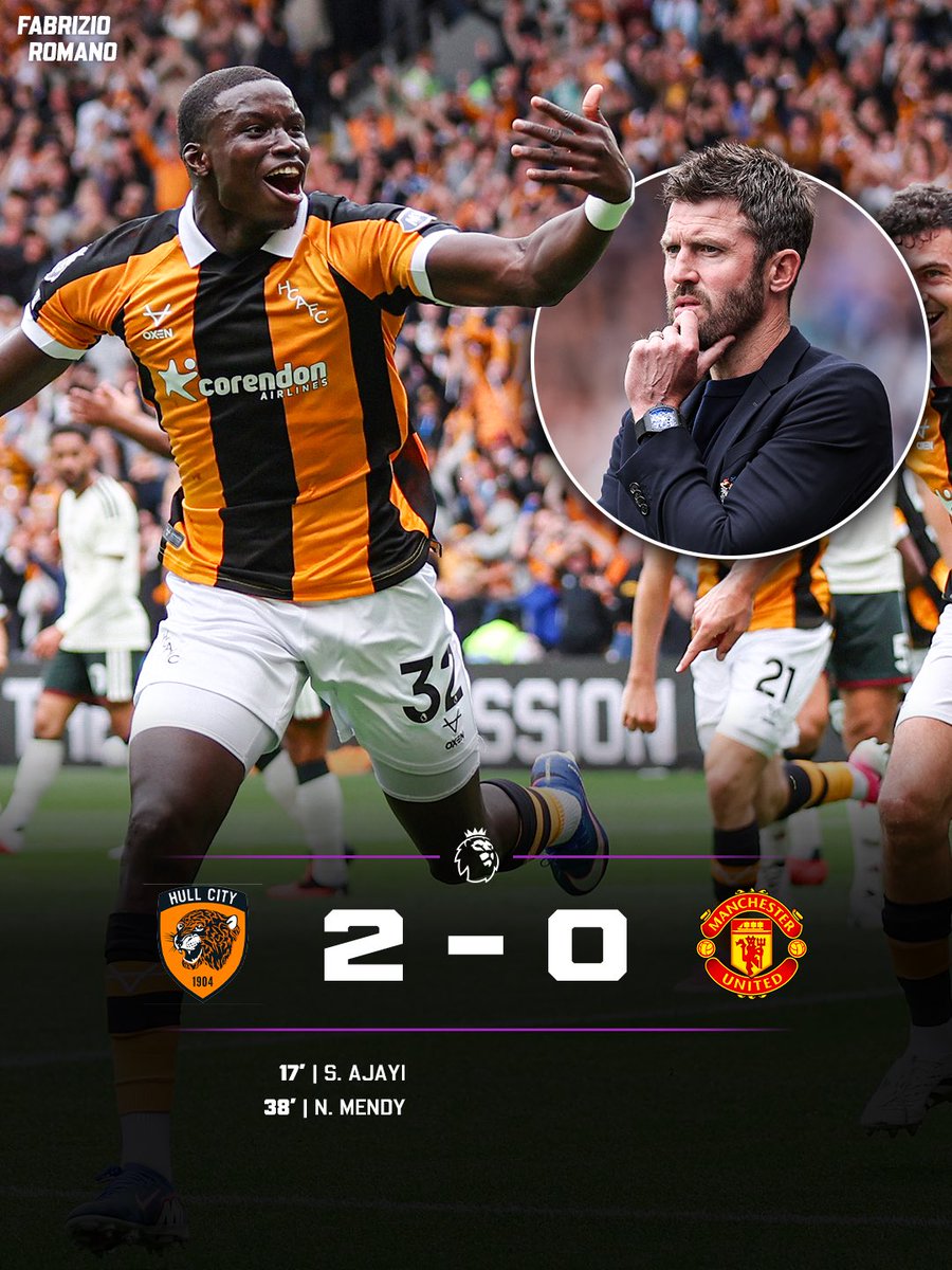 FabrizioRomano's tweet photo. 🟠⚫️ Newly promoted Hull City beat Manchester United on their opening 2026/27 Premier League game! 💥

Special day for the Tigers at home. 🐯

Who’s been your Man of the Match? https://t.co/HMVfkU0UPz