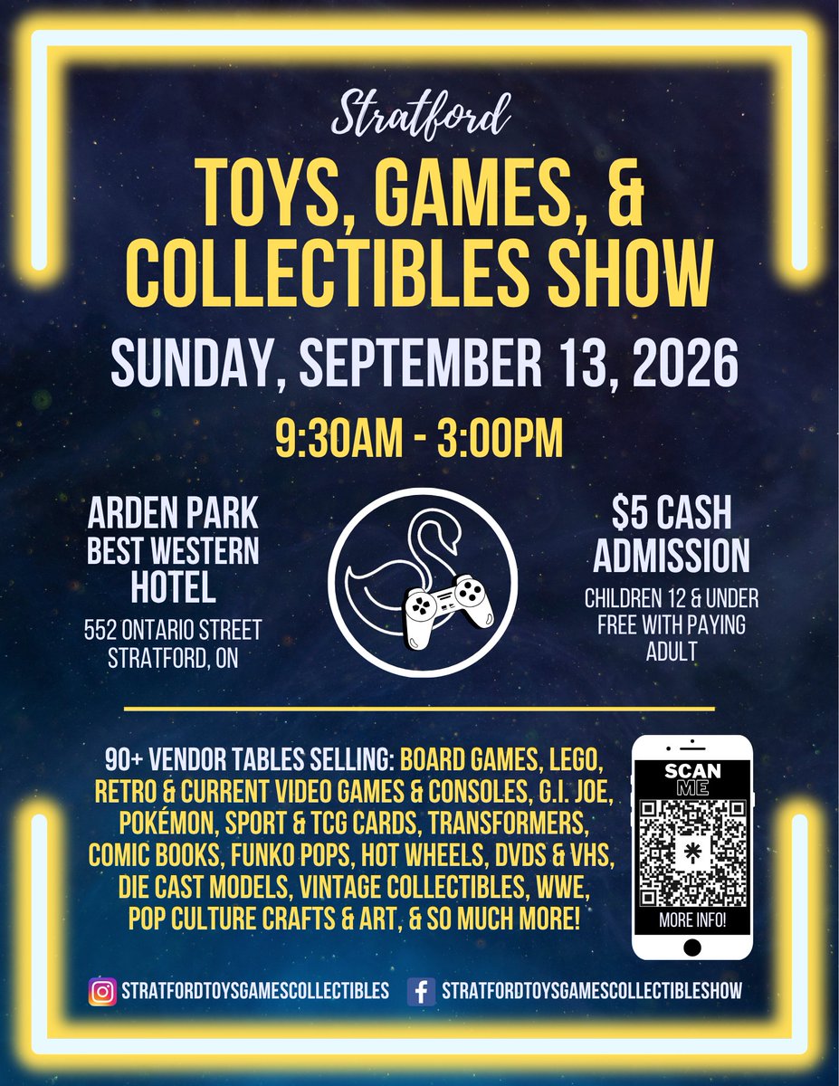 StratfordToyShw's tweet photo. Tthree weeks until the next show on Sunday, May 3, 2026 in Stratford! #stratfordtoyshow #stratfordcollectibleshow #stratfordtoyexpo #funko #funkopop #starwars #boardgames #videogames #retrogames #stratford #stratfordontario #stratfordonevents #lego #transformers #gijoe #pokemon https://t.co/YBg9o6QKoQ