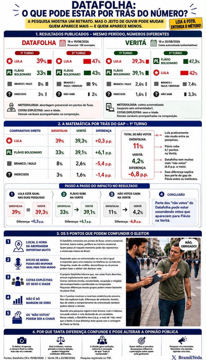 BrandiYeda's tweet photo. 📸 DATAFOLHA x VERITÁ: afinal, em qual “foto” acreditar? 

As duas pesquisas foram a campo praticamente juntas. E olha o tamanho da diferença:

🔴 DATAFOLHA - 1º turno
Lula 39%
Flávio 33%

🟢 VERITÁ - 1º turno
Lula 39,3%
Flávio 39,1%

Percebeu o detalhe?

👉 Lula praticamente não muda: 39% × 39,3%.
👉 Quem muda é Flávio: 33% × 39,1%.

E tem outra pista enorme:

⚪ Datafolha: 11% entre branco/nulo/indecisos.
⚪ Veritá: 4,2%.

A diferença dos “não votos” é de 6,8 pontos.
A diferença de Flávio entre as duas pesquisas é de aproximadamente 6 pontos.

Coincidência? Pode ser.
Mas é exatamente aí que o eleitor deveria começar a olhar o método, e não apenas a manchete.

O Datafolha faz entrevista presencial em pontos de fluxo. Isso significa que local, horário, quem circula naquele ponto e quem aceita parar para responder entram na fotografia.

E existe o chamado efeito de modo: responder política olhando para um entrevistador não necessariamente produz o mesmo comportamento que responder sozinho para um sistema automatizado.

Tem mais: na metodologia descrita pelo próprio Datafolha, as cotas explícitas da abordagem são principalmente sexo e idade; renda, escolaridade, ocupação e religião são outras características acompanhadas na composição da amostra. E justamente esses grupos hoje apresentam diferenças enormes entre Lula e Flávio. 

Agora veja o 2º turno:

🔴 Datafolha: Lula 47% × Flávio 43%
🟢 Veritá: Flávio 47,3% × Lula 42%.

Não é só diferença. A liderança se inverte.

Então pesquisa é mesmo uma “foto do momento”.

Só que talvez devêssemos começar a tratá-la como foto de rede social: antes de compartilhar, vale perguntar:

qual câmera foi usada, onde a foto foi tirada, quem entrou no enquadramento, e qual foi o filtro? 😉

Fontes:
Datafolha - BR-04496/2026: R$ 307.641,60, contratado pela Folha de S.Paulo e Globo. 
Veritá - BR-04006/2026: R$ 295.680,00, custeado com recursos próprios do Instituto Veritá.

Pesquisa diferente não prova fraude. Mas números tão distintos no mesmo período justificam, sim, que o eleitor queira entender o que existe por trás da foto.

Entendeu o que existe por trás do número? Compartilhe. Informação bem explicada também precisa circular.

Estamos de olho 👀⁉️