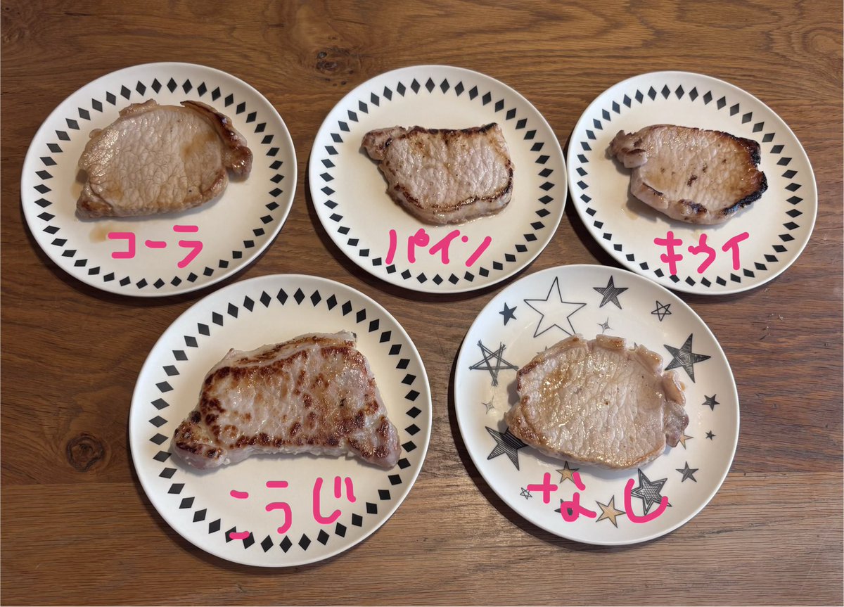 mizuio's tweet photo. 娘の自由研究「豚肉を一番柔らかくするのはどれ？」な夕飯。柔らかさもおいしさも塩こうじ優勝🏆🥇 https://t.co/lVLSd6fMct
